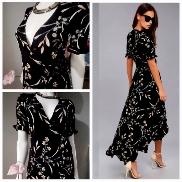 Lulu's MAXI Black Floral Print High-Low Wrap Dress Medium - Picture 3 of 6
